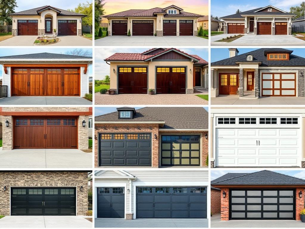 Gallery showcasing various garage door styles including traditional steel, carriage house, and contemporary glass designs